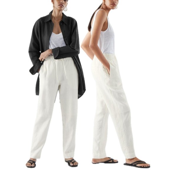COS Relaxed Straight-Leg Linen Drawstring Trousers With Pockets (Ivory) - Picture 1 of 16